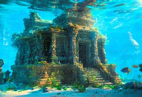 underwater, temple, gothic, fish, ocean, ancient, submerged, ruins, mystical, marine life, vegetation, blue water, architecture, fantasy, exploration, coral, peaceful, sunlight, lost city, history