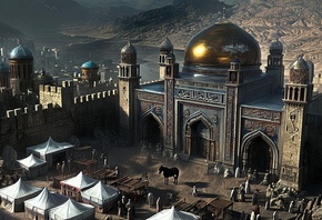 Middle Eastern, cityscape, mosque, market, fantasy, architecture, domes, ancient, desert, culture, traders, tents, historical, traditional, mountains, intricate, Arabian, bustling, exotic, trade