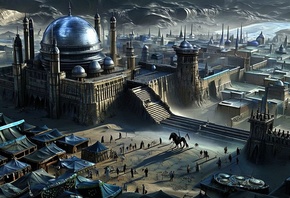 sci-fi, medieval, Middle Eastern, cityscape, futuristic, desert, architecture, domes, market, tents, surreal, fantasy, intricate, detailed, vast, sprawling, ancient, mystical, cinematic, landscape, skyline