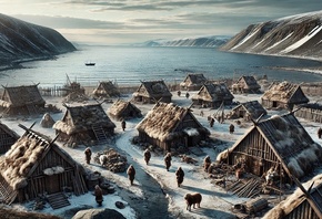 coastal, village, winter, huts, thatched roofs, snow, mountains, sea, shoreline, rustic, settlement, historic, early civilization, cold, rugged, remote, tribal, landscape, ocean, isolation, survival