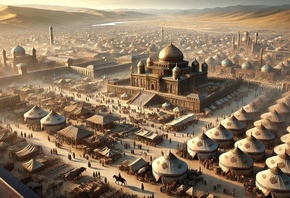 Middle Eastern, city, mosque, market, bustling, tents, merchants, architecture, desert, domes, people, trading, culture, historical, caravans, panoramic, landscape, vibrant, sunrise, medieval