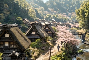 Japanese village, cherry blossoms, thatched roofs, traditional, serene, rural, nature, spring, river, bridge, mountains, tranquility, bamboo, scenic, cultural heritage, houses, countryside, sunlight, peaceful, pathway