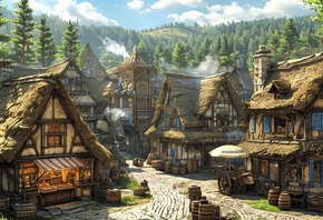 medieval village, thatched roofs, cobblestone, architecture, rustic, market, timber-framed houses, countryside, charming, historical, fantasy, European, morning light, cozy, barrels, peaceful, scenic, mountains, trees, idyllic