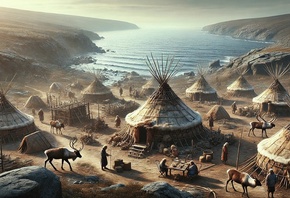 nomadic settlement, coastal, traditional tents, reindeer, primitive lifestyle, tribal village, shoreline, dawn, rustic, ancient, indigenous culture, hunter-gatherers, rugged landscape, ocean view, nature, wooden structures, traditional living, isolated, s