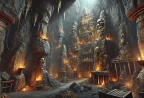 underground temple, ancient, torches, mystical, stone pillars, carvings, golden glow, eerie, hidden sanctuary, ancient civilization, sacred, treasure, dark cavern, ancient architecture, mysterious, relics, dim light, ancient symbols, mysterious glow, expl