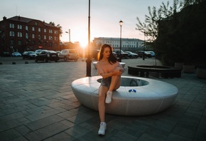 women, jean shorts, pink tops, women outdoors, public, redhead, urban, sitting, , car, model, red lipstick, sneakers, brunette, sky, sunglasses, sun, closed eyes