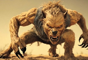 creature, 3D, vintage, western, cinematic, fierce, monster, claws, intense, desert, dusty, horror, powerful, muscular, wild, fantasy, werewolf, predator, angry, action