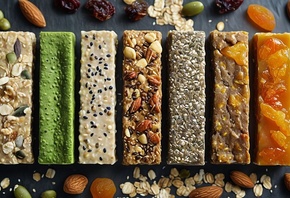 energy bars, top-down, nuts, seeds, dried fruit, healthy, variety, oats, al ...