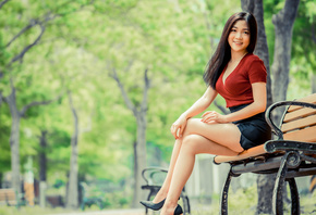 bench, outdoors, asian, sitting, skirt, heels, red top