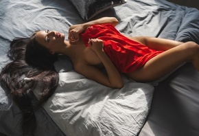 Sergey Minin, women, in bed, nude, women indoors, red dress, brunette, hips, lying on back, , long hair, model, red lipstick