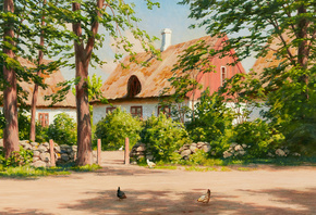 Johan Fredrik Krouthen, Swedish, Pecking hens at a Scanian farm, 1916