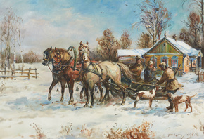 Edward Pierzynski, Polish, 1922, Horse team in winter landscape