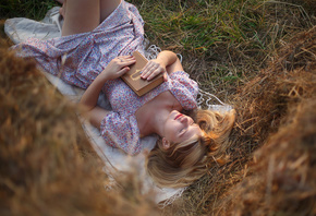 Vladimir Lapshin, women outdoors, blonde, books, red lipstick, summer dress, lying on back, , closed eyes, grass, legs, dress, model