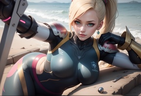 Cammy White, bodysuit, beach, blonde, Street Fighter, AI Art, , video game girls, green eyes, curvy, video game warriors, video games, 