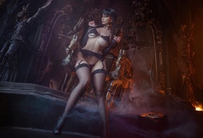 Vera Andreeva, brunette, Wednesday, women indoors, Wednesday Addams, ass, Wednesday TV series, cosplay, black lingerie, model, hips, legs, black stockings, braids, gothic, garter belt