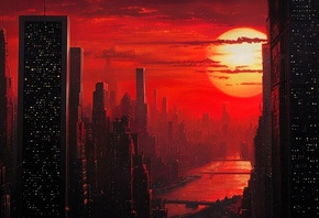 futuristic New York skyline, sunset cityscape, dramatic lighting, red sky,  ...