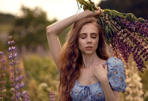 lavender, model, purple flowers, closed eyes, field, , blonde, sky, blue dress, women outdoors, summer dress, nature, plants