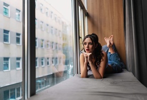 Disha Shemetova, jeans, by the window, white tops, tattoo, red lipstick, brunette, lying on front, , makeup, women indoors, looking out window, model