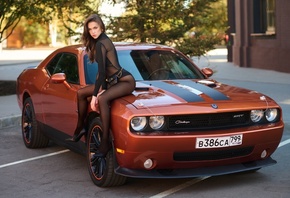 , Dodge Challenger, brunette, women with cars, women outdoors, Ameri ...