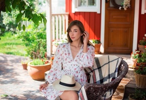 Elizaveta Milki, model, summer dress, brunette, , white hat, women outdoors, women, looking at viewer, flowers