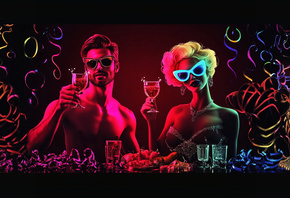 , , , , , , , , , , , , , , , , , , , .  Keywords in English: neon, celebration, man, woman, glasses, champ