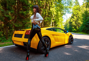 lamborghini, yellow, model, sexy, tight pants, sweater, long hair, brunette, heels