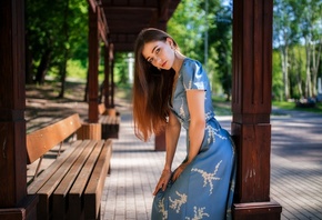 Dmitry Shulgin, long hair, model, blue dress, , women outdoors, women, trees, nature, , brunette, bench