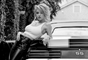 Sydney Sweeney, black  and white, camaro, ss, cigarette, outdoors, leaning