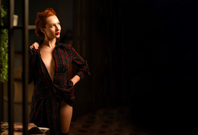 Elizaveta Kurilko, women indoors, , redhead, plaid dress, red lipstick, women, plants, model