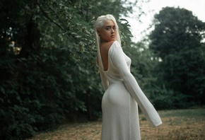 white dress, Alexander Nesterenko, nature, trees, model, ass, white hair,  ...