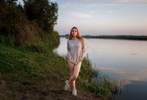 women outdoors, , lake, redhead, sky, legs, nature, model, grass, tr ...