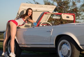 white car, model, red shorts, ass, outdoors, shoes, shirt, long hair, beauty