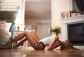 on the floor, bodysuit, ass, blonde, closed eyes, , tattoo, flowers, women, bed, lamp, hips, women indoors, model