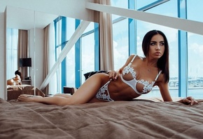 marianna markina, bed, white lingerie, sexy, mirror, black hair, windows, babe