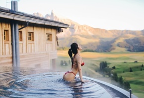 Aurela Skandaj, water, red, bikini, wet, black hair, sexy, ass, pool, outdoors