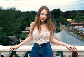 red lipstick, women, sky, women outdoors, jean shorts, model, , jeans, balcony, trees, brunette, , clouds, looking at viewer, blue eyes, beautiful