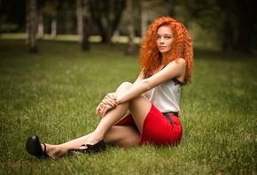 Stanislav Maximov, redhead, grass, women outdoors, women, red skirt, blouse, trees, , model, sitting, wavy hair