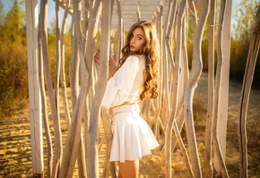 Dmitri Shulgin, field, model, white skirt, standing, women, white blouse, red lipstick, , brunette, women outdoors, miniskirt