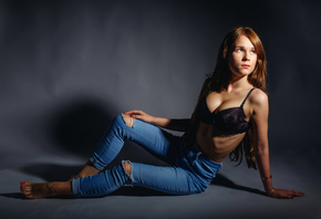 barefoot, jeans, model, studio, , on the floor, women, women indoors, black bra, redhead, torn jeans