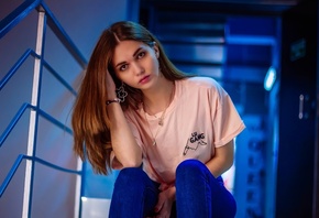 pink t-shirt, sitting, women, jeans, , red lipstick, brunette, women indoors, T-shirt, model, looking at viewer