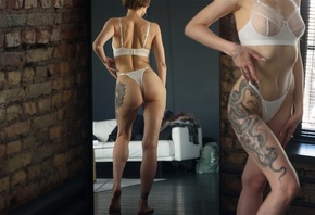 Nil Volkov, reflection, short hair, women, white panties, women indoors, , tattoo, model, hips, white lingerie, white bra, boobs, brunette, white couch, , mirror, standing, rear view, window