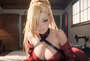 Yamanaka Ino, Naruto, anime, Naruto Shippuden, blonde, fantasy girl, anime girls, AI Art, blue eyes, red dress, women, 