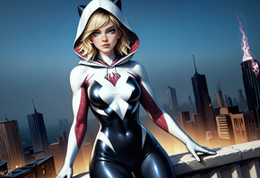 Spider Gwen, , Gwen Stacy, blonde, superheroines, hips, Spider-Man, blue eyes, city, Spider-Man: Into the Spider-Verse, AI Art