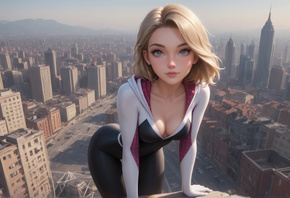 Spider Gwen, , Gwen Stacy, blonde, superheroines, hips, Spider-Man, blue eyes, city, Spider-Man: Into the Spider-Verse, AI Art