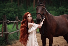 Dmitry arhar, horse, redhair, model, outdoors, beauty, long hair, fence, dress