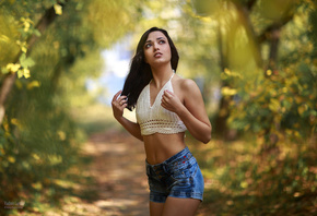 Vladimir Lapshin, brunette, jean shorts, forest, , belly button, women outdoors, standing, , women, nature, looking up, red lipstick, , plants, trees