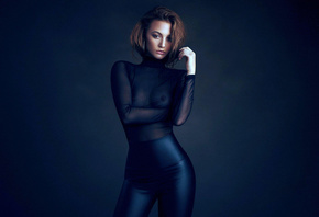 model, short hair, black outfit, sexy, see thru top