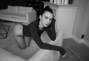 Alex Nemalevich, bent over, monochrome, model, living room, , couch, ass, women, , bodysuit, women indoors, hips