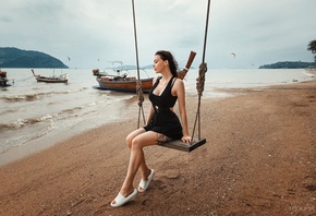 Yaguar Photography, sitting, swings, , model, women on beach, sky, brunette, tattoo, boat, women outdoors, clouds, minidress, black dress, women, flip flops, beach