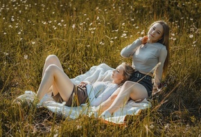 grass, blonde, two women, women outdoors, field, shorts, brunette, plants, , sitting, women, long hair, red lipstick, model, nature, 